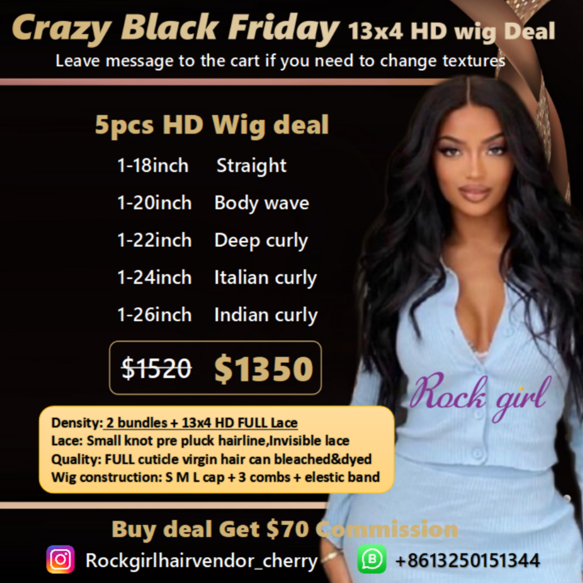 Rockgirl Black Friday 5pcs 180% Raw 13x4 HD wig deal Free shipping