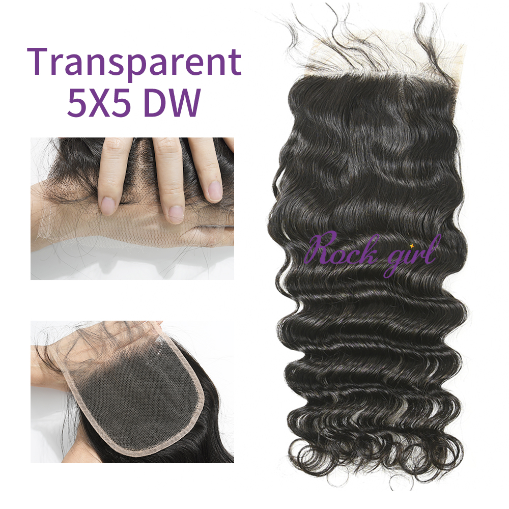 Transparent Virgin Human Hair Deep Wave 5x5 Lace Closure