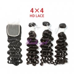 HD Lace Virgin Human Hair Bundle with 4×4 Closure Deep Wave