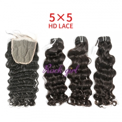 HD Lace Virgin Human Hair Bundle with 5X5 Closure Indian wave