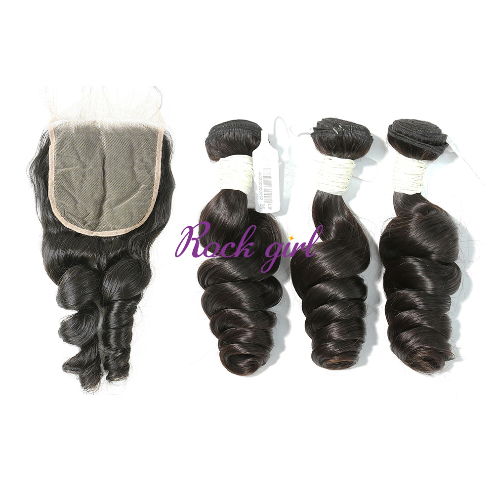 #1b Brazilian Virgin Human Hair Weft with 5×5 Closure Loose Wave