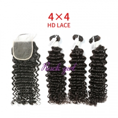 HD Lace Virgin Human Hair Bundle with 4×4 Closure Deep Curly
