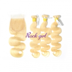 613#  Raw Human Hair Blonde Body Wave Bundles With 4x4 Lace Closure