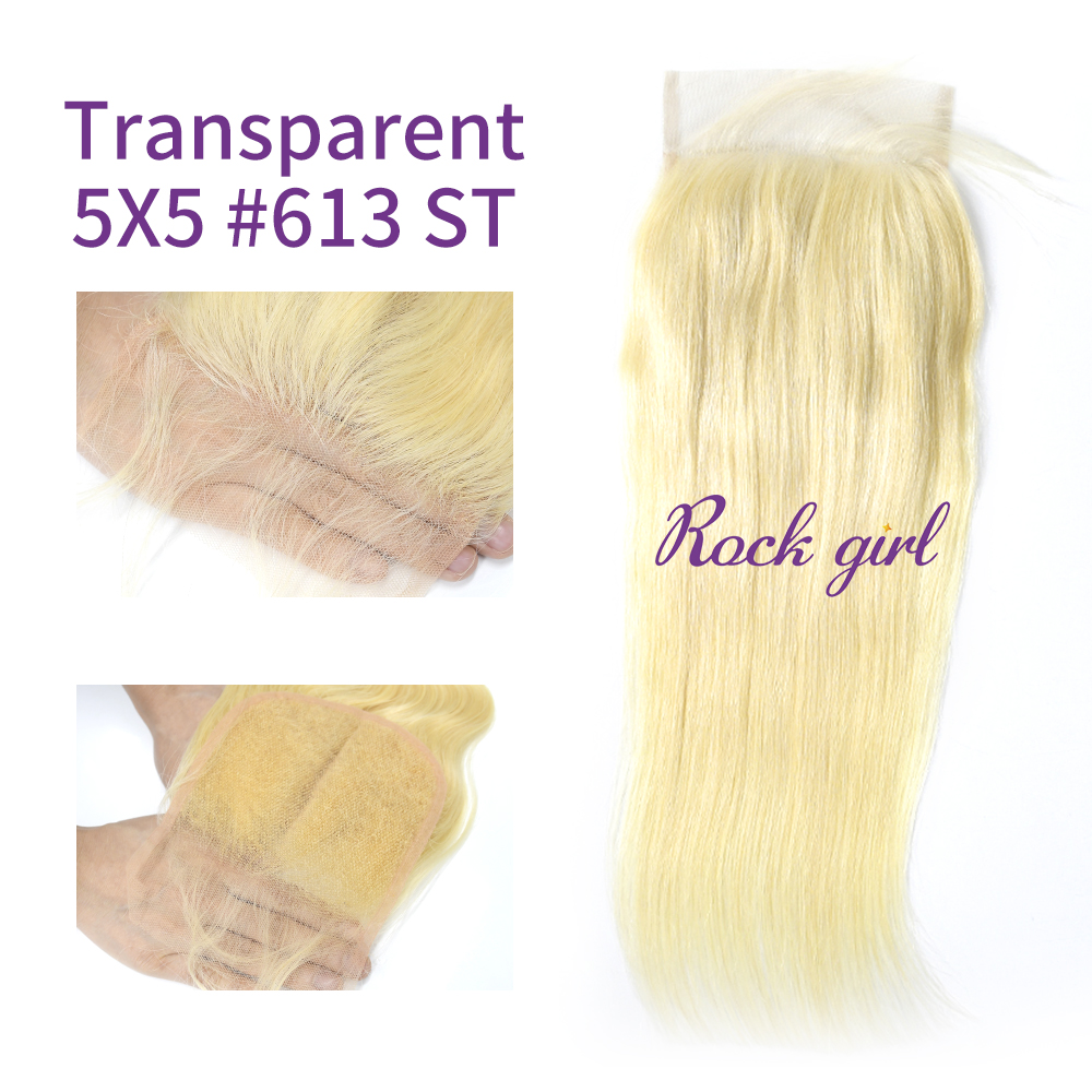 Blonde #613 European Raw Human Hair Transparent 5X5 Lace Closure Straight