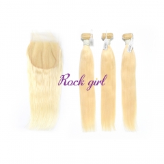 Blonde #613 European Virgin Human Hair 5×5 Lace Closure With Hair Weft Straight