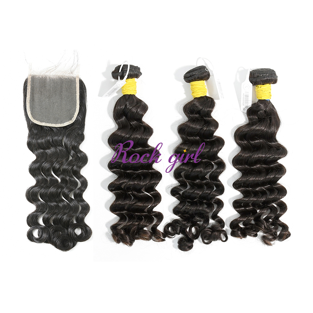 #1b Brazilian Raw Human Hair Weft with 4x4 Closure Deep Wave