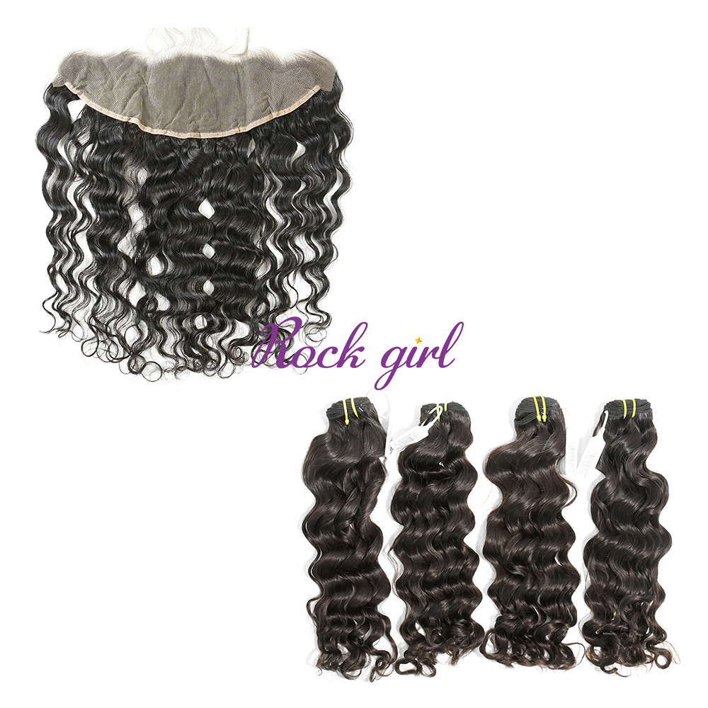 #1b Brazilian Raw Human Hair Weft with 13×4 Frontal Indian wave