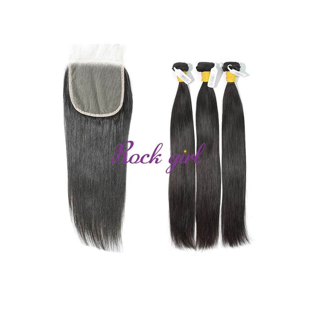 #1b Brazilian Raw Human Hair Weft with 5×5 Closure Straight