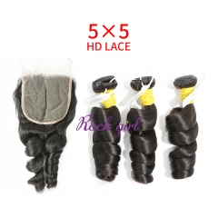 HD Lace Raw Human Hair Bundle with 5×5 Closure Loose Wave