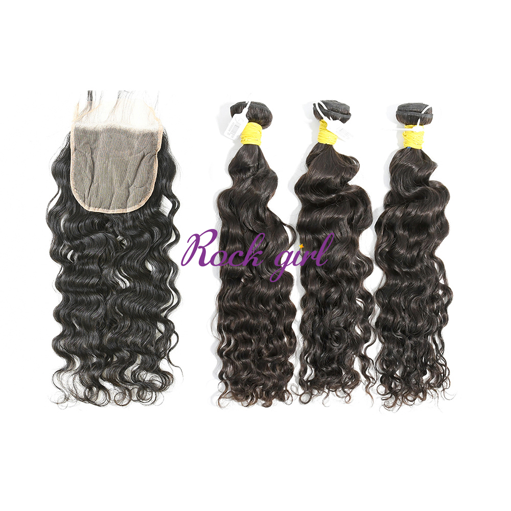 #1b Brazilian Raw Human Hair Weft with 5×5 Closure Indian Curly