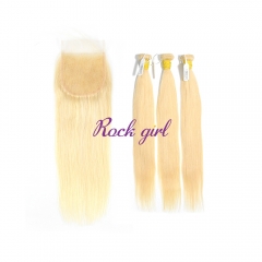 613# Raw Human Hair Blonde Straight Bundles With 4x4 Lace Closure