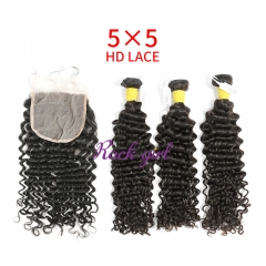 HD Lace Raw Human Hair Bundle with 5×5 Closure Deep Curly
