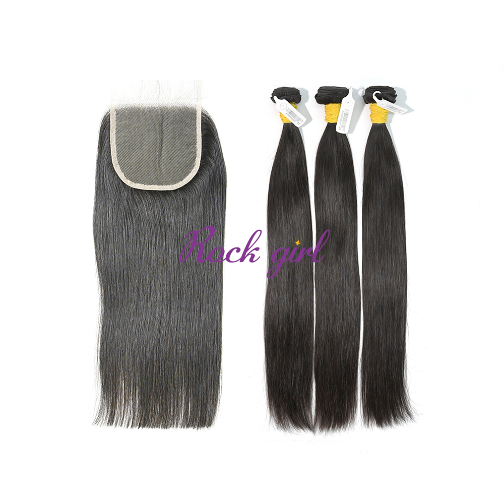 #1b Brazilian Raw Human Hair Weft with 4x4 Closure Straight