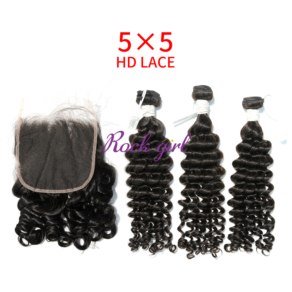 HD Lace Virgin Human Hair Bundle with 5X5 Closure Deep Wave