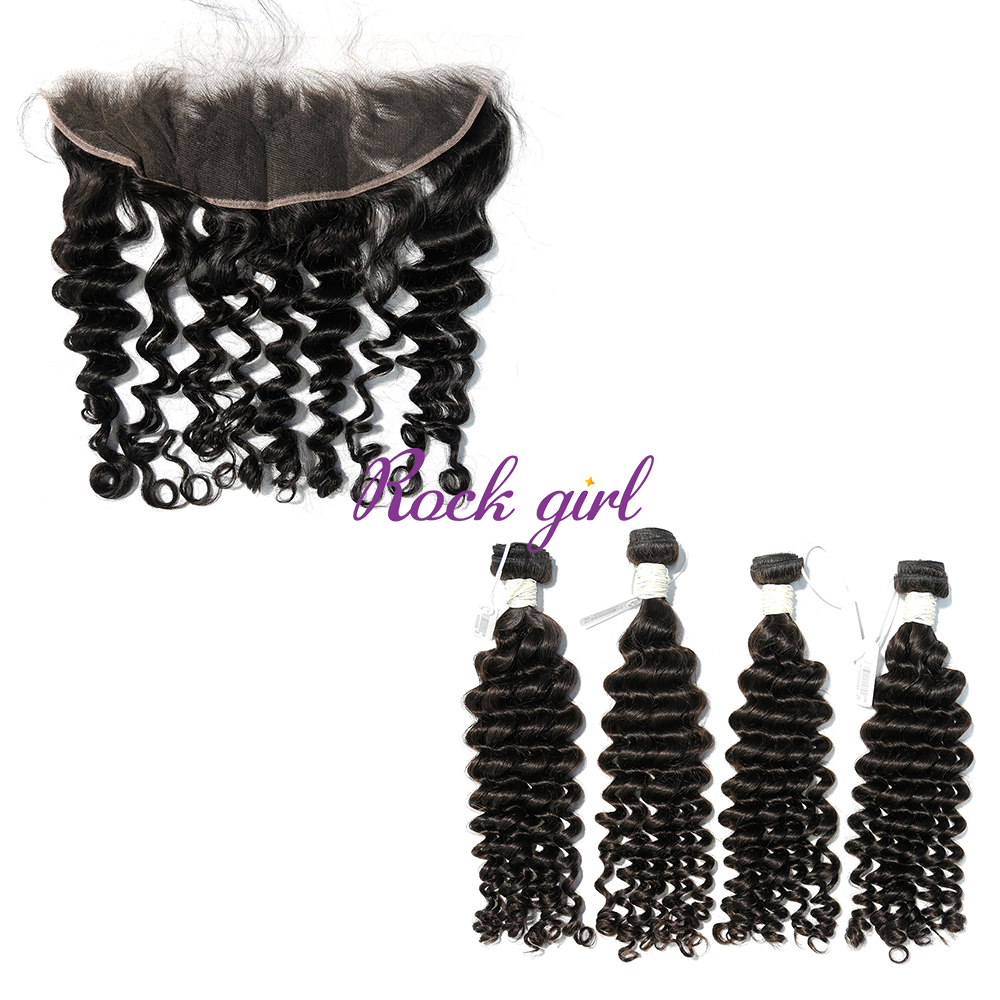 #1b Brazilian Virgin Human Hair Weft with 13X4 Frontal Deep Wave