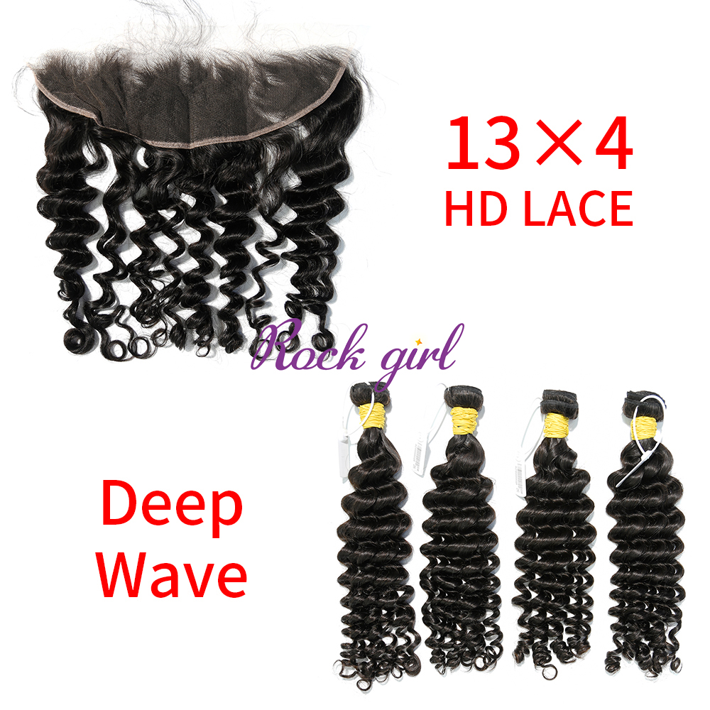 HD Lace Raw Human Hair Bundle with 13×4 Frontal Deep Wave