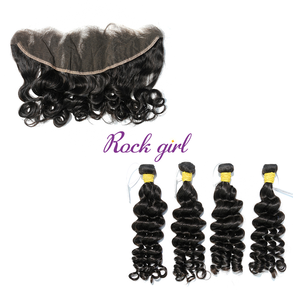#1b Brazilian Raw Human Hair Weft with 13×4 Frontal Loose Wave